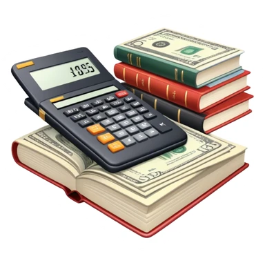 Icon for Business Reading: an open book with graphs, numbers, percentages, formulas, and text on the pages, next to a stack of books, a pile of dollars, a calculator and business magazines like Forbes. Transparent background. sticker