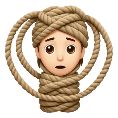 A cartoon person comically tangled and wrapped in rope with a silly surprised expression, looking confused sticker