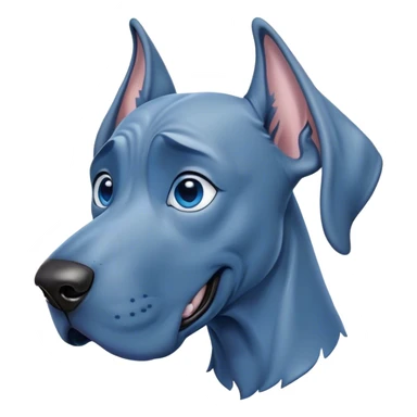 Cinematic Comical Blue Great Dane Portrait Emoji, Head tilted dramatically with an exaggeratedly amused expression, featuring a striking blue Fur with a glossy finish, wide, expressive steel-blue eyes filled with playful disbelief, Simplified yet hilariously expressive features, highly detailed, glowing with a slightly sassy glow, high shine, dramatic yet playful, stylized with an air of cheeky charm, bright and endearing, soft glowing outline, capturing the essence of a spirited and over-the-top guardian, so meme-worthy it feels like it could side-eye its way into internet fame instantly! sticker