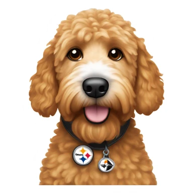 Ginger golden doodle with white tuft on head and white nose wearing Pittsburgh Steelers jersey sticker