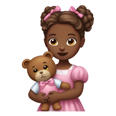 Little girl with blue eyes with Long lashes, and bronze Brown hair in two ponytails with bows. She is wearing a pink dress, and holding a teddybear. She had a pink pacificer in her mouth. sticker