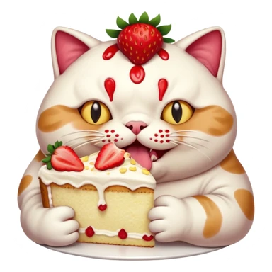 A chubby cat aggressively eating a giant strawberry cake, cream all over its face, exaggerated expression, vibrant colors, cartoon style, playful and humorous mood
, sticker