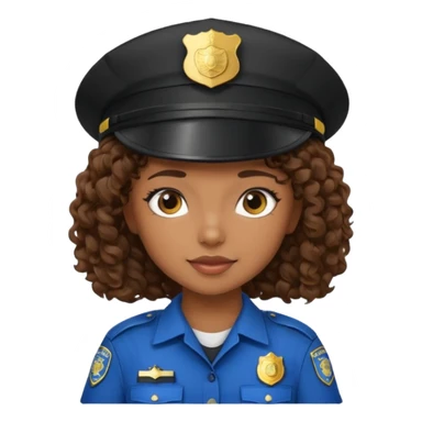 a cartoon-style avatar of a girl police officer with curly brown hair, wearing a black cap sticker