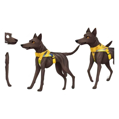  brindle brown black maroon striped lurcher Alsatian fox running blue eyes and iridescent holographic oilslick harness wearing paper iridescent tropical flower crown yellow caution tape sticker