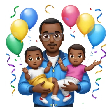 Diddy holding baby oil at a party with balloons and confetti and banners oiled up with kids oiled up sticker