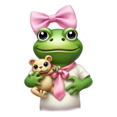 Frog  with pink satin bow on his head holding a small teddybear in his hands sticker