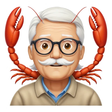 senior lobster with white hair and glasses, elderly lobster character with white eyebrows and whiskers, wearing round glasses sticker