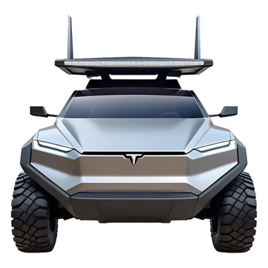 Tesla Cybertruck - A futuristic Tesla Cybertruck, angular and geometric with a sharp, triangular body shape. Stainless steel exoskeleton with a raw, unpainted, brushed-metal finish. A sleek, narrow LED light bar stretches across the entire front. Large, rugged off-road tires with exposed wheel arches. Smooth, handle-free doors and a slanted, armored rear with a retractable tonneau cover. Rear LED strip mirroring the front. The vehicle looks like a sci-fi-inspired, bulletproof stealth tank on wheels, set in a high-tech urban environment at sunset, with reflections on its metallic surface. sticker