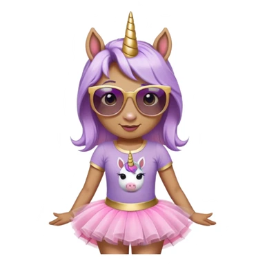 head and shoulders portrait of a friendly anthropomorphised female unicorn in tutu and pink t-shirt, wearing dark sunglasses, lavender and gold color scheme sticker