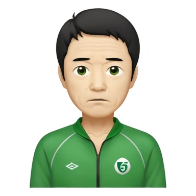 Seong Gi-hun : age 60, skinny and bony face, small mouth, unkempt black hair and tired eyes, Green player tracksuit. sticker