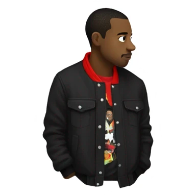 side profile of a hip hop artist. he is wearing a black jacket. the jacket also has a red collar.  sticker