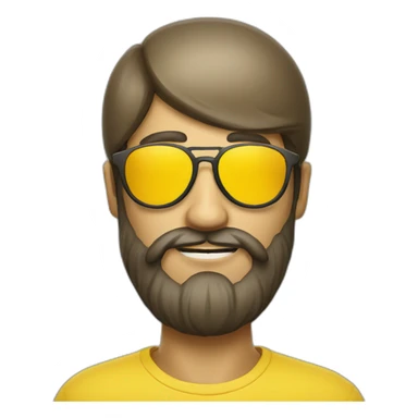 a man with a beard wearing yellow sunglasses with a mushroom on his head sticker