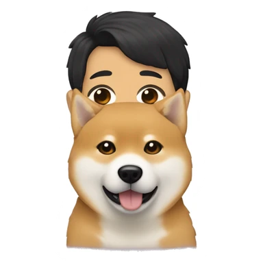 Shiba-inu cuddles man with curly black hair withou beard sticker