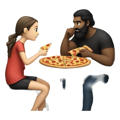 white man with black beard sitting at a table eating pizza with small white girl with black hair sticker