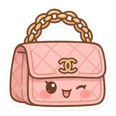 pink Chanel purse with a winking face, cute and exaggerated chibi stickers style sticker