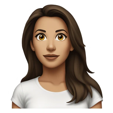 3/4 face, contrasted, shadow, light, Eva Longoria expression, standing, thin nose, brunette woman, hazel eyes, long eyelashes, dark shoulder shaded hair, white t-shirt, jeans, white sneakers sticker