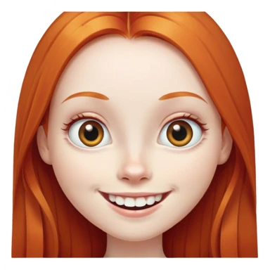 traditional emoji of young girl with very pale skin, long straight bright ginger red hair, very big wide human eyes positioned close together, wide nose, big smile with extremely large prominent teeth showing, classic round face sticker