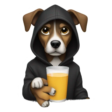 Dog wearing a black hoodie holding a cup and a tequila bottle sticker