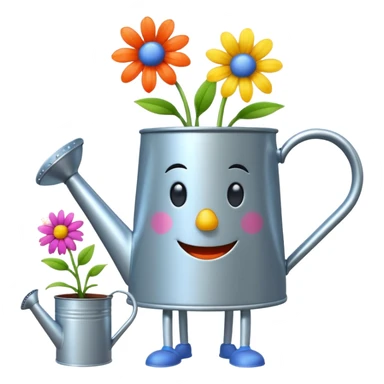 give me a watering can with legs. anthropomorphise the can. have the can watering 3 plants on the grown (flowers) sticker