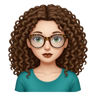 a blue green eyed woman with very very long brunette curly hair, full lips,and pale skin. She is wearing a leopard printed thin round-ish glasses . She is wearing a brown tshirt with a wide neck opening. sticker