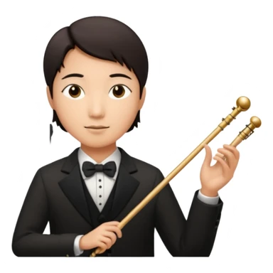 asian Create a sophisticated and elegant emoji that represents orchestration and arrangement. The design should feature a conductor’s baton, musical notes, and a symphonic score, symbolizing the process of arranging and orchestrating music. Incorporate instruments like a violin, trumpet, sticker