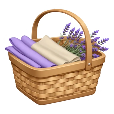 Basket of beige linens and lavender sticker