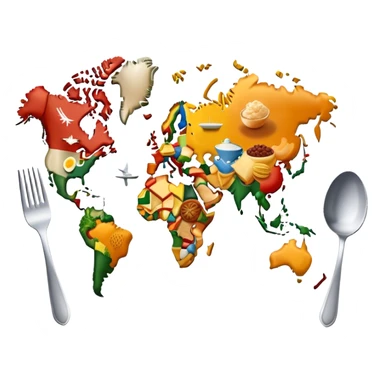 Icon for Culinary Tourism: a world map with food elements like a fork, knife, and dish, surrounded by iconic dishes from various countries. The icon should represent the exploration of global cuisines and travel experiences. Transparent background. sticker