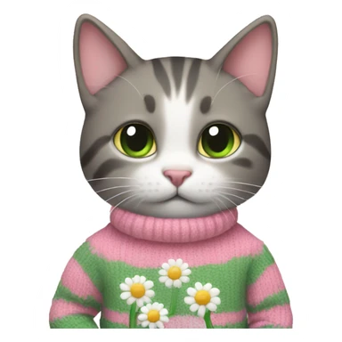 Cat is holding daisy and wearing pink green sweater sticker