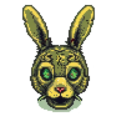 close-up of face damaged animatronic rabbit with visible endoskeleton and unsettling look, Springtrap, pixel art sticker