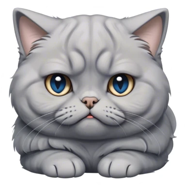 Cinematic Comical Grey Scottish Fold Cat Portrait Emoji, Head tilted with a scrunched, grumpy expression and adorable folded ears, sleek soft grey fur with subtle blue undertones, Simplified yet sharp features, highly detailed, glowing with a slightly sarcastic glow, high shine, poised but with a comically displeased demeanor, stylized with an air of playful disdain, focused yet unimpressed, soft glowing outline, capturing the essence of a grumpy yet endearing kitty with the classic Scottish Fold charm, so lifelike it feels like it could give you an exaggerated sigh and a disapproving stare at any moment! sticker