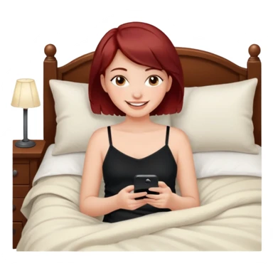 generate a pretty fair bratz girl with short dark red hair using her phone in bed, smiling . Wearing a black cami sticker