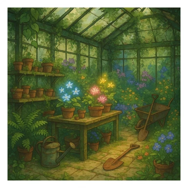 Overgrown greenhouse with forgotten tools and blooming magic herbs. sticker