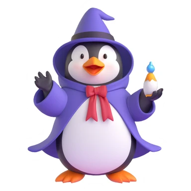 penguin wizard with pointed hat and robe casting a spell sticker