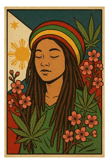 Vintage poster of an Asian Rasta woman with long dreadlocks, peaceful eyes, and a red-gold-green tam. Surrounded by cherry blossoms and ganja leaves. Background Asian flag. Retro reggae fusion vibe, with bold lines and aged paper texture. Philippines with the actual flag
 sticker