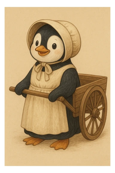 a friendly penguin dressed as a Mormon pioneer, wearing a bonnet and simple pioneer dress, holding a handcart handle, simple background sticker