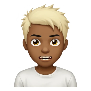 Black Male Teenager with Short punk messy blonde hair, Dark brown bushy eyebrows large expressive golden-brown eyes, wearing a plain white t-shirt, Dark Brown skin color. vampire tooth sticker