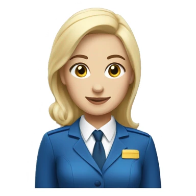White blonde flight attendant with blue uniform and yellow neck scarf without hat sticker