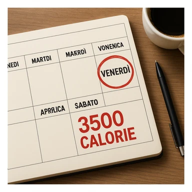 A hyperrealistic weekly calendar viewed from above in Italian, showing days from Monday to Sunday. Friday is circled in red. Below Saturday, the text '3500 calorie' is in red and bold. The image has 4K details and a desk atmosphere. sticker