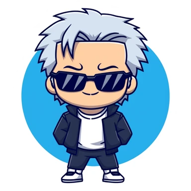 Satoru Gojo from Jujutsu Kaisen, white hair, dark sunglasses, confident smirk, blue eyes, chibi face proportions, energetic expression sticker