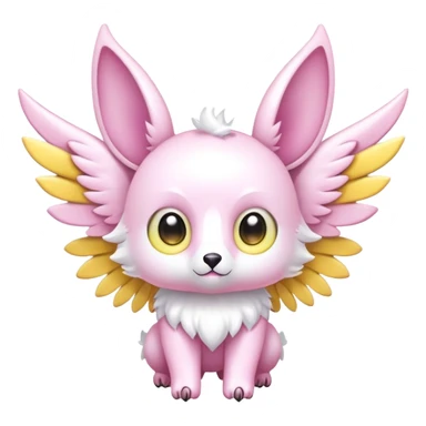 Shiny epic glittery divine white yellow pink animal-fakemon-creature with head-ear-wings, cute, adorable, big eyes sticker