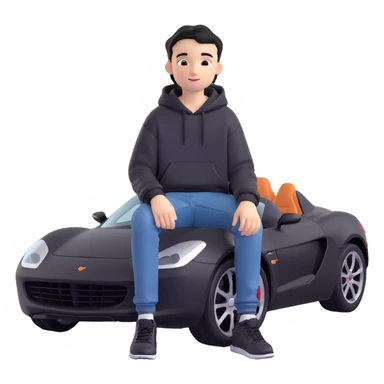 realistic emoji-style illustration of a sleek black sports car viewed from a slight angle, with a 14-year-old boy with short black hair wearing a hoodie and jeans sitting confidently on the car’s roof in a relaxed pose, looking forward with a slight smile sticker