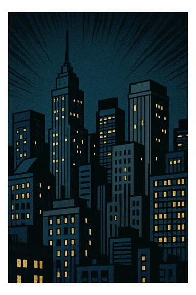 a city skyline at night, old school comic book style sticker