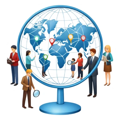 An icon featuring a group of people, a network diagram, and a magnifying glass, symbolizing sociology. The design includes a globe and interconnected lines, representing social structures and relationships. Transparent background highlights the study of societies and human behavior. sticker
