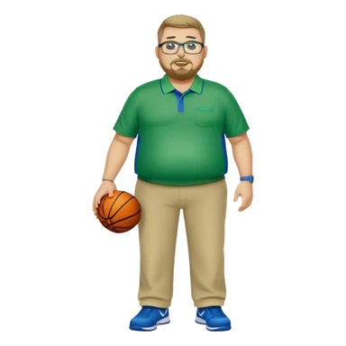  full body white obese male basketball coach with trophy. Goatee , Wearing glasses and blue and green nike polo shirt and khaki pants sticker