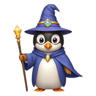 penguin wearing a wizard hat and robe, holding a magic wand sticker