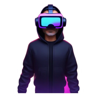 Steve Jobs wearing a black hoodie with "OMG" letters on it and VR headset in a cyberpunk VR environment with violet neon lighting. sticker