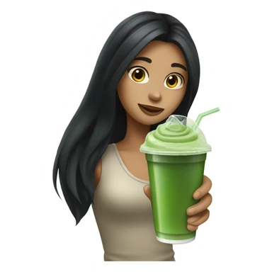 girl with long black hair and an iced matcha sticker