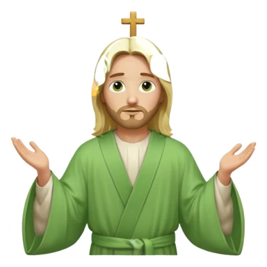 Jesus, green eyes, blonde hair, light green church robe. opening arms, gazing thoughtfully. Soft light, subtle fern. Waist-up, profile. sticker