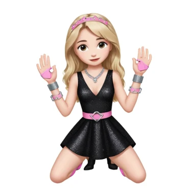 Sabrina carpenter at concert wearing a black sparkly dress with a silver sparkle v neck she is holding up pink handcuffs towards audience and kneeling, blue and red lights setting  sticker