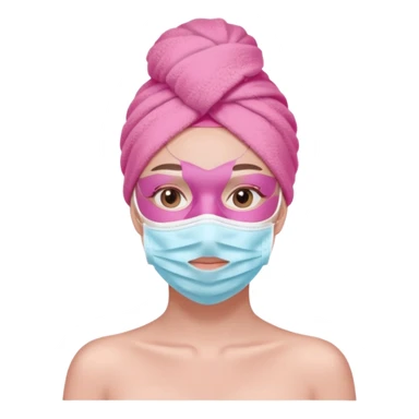 Clean girl influencer character, chest-up portrait, pink head towel, half-face facial mask, minimal self-care look, clean modern illustration sticker
